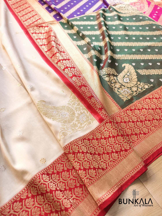 Heritage Ivory Char Ghar Rangkaat Pallu Kadwa Handweaved Banarasi Pure Katan Silk Saree