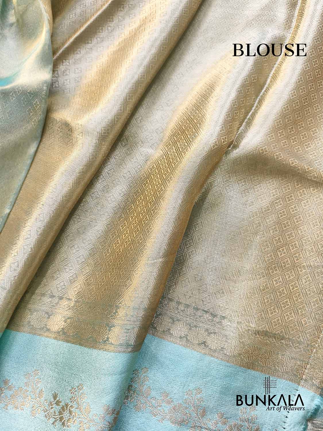 Golden Brocade Handloom Banarasi Pure Tissue Saree with Contrast Bright Sky Blue Katan Silk Floral Border