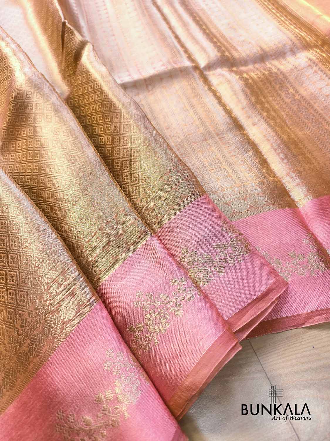 Golden Brocade Handloom Banarasi Pure Tissue Saree with Contrast Bright Baby Pink Katan Silk Floral Border