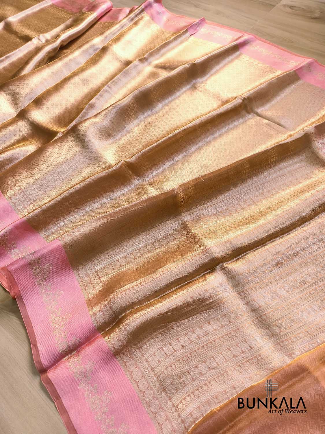 Golden Brocade Handloom Banarasi Pure Tissue Saree with Contrast Bright Baby Pink Katan Silk Floral Border