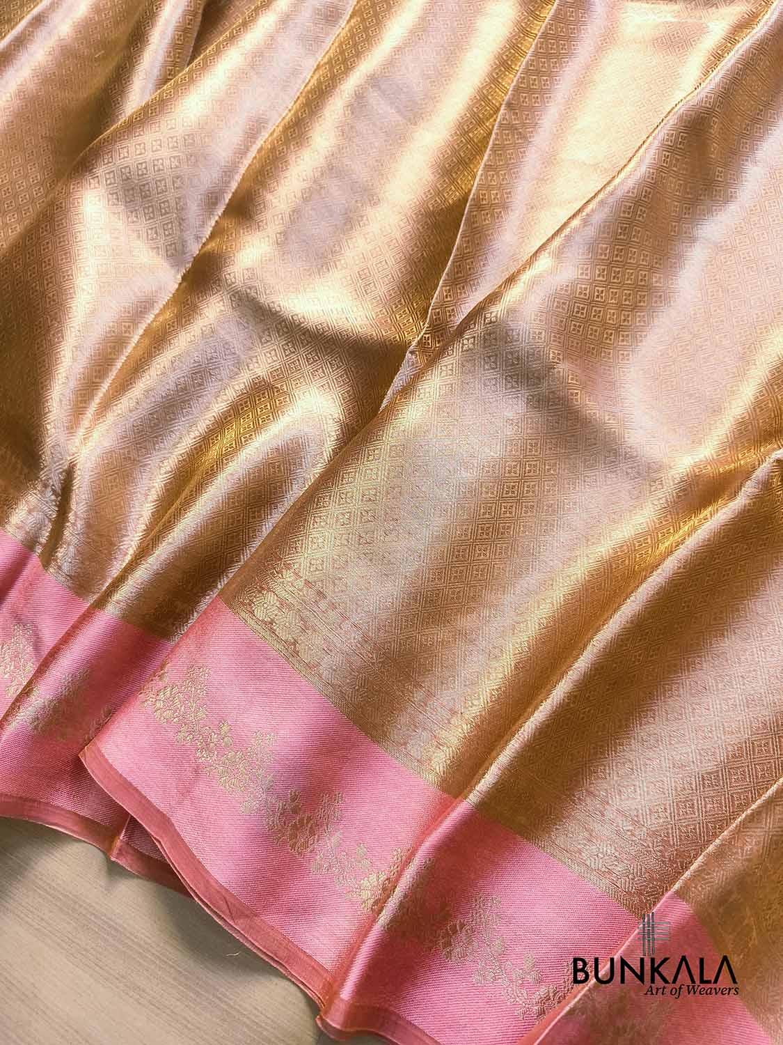 Golden Brocade Handloom Banarasi Pure Tissue Saree with Contrast Bright Baby Pink Katan Silk Floral Border