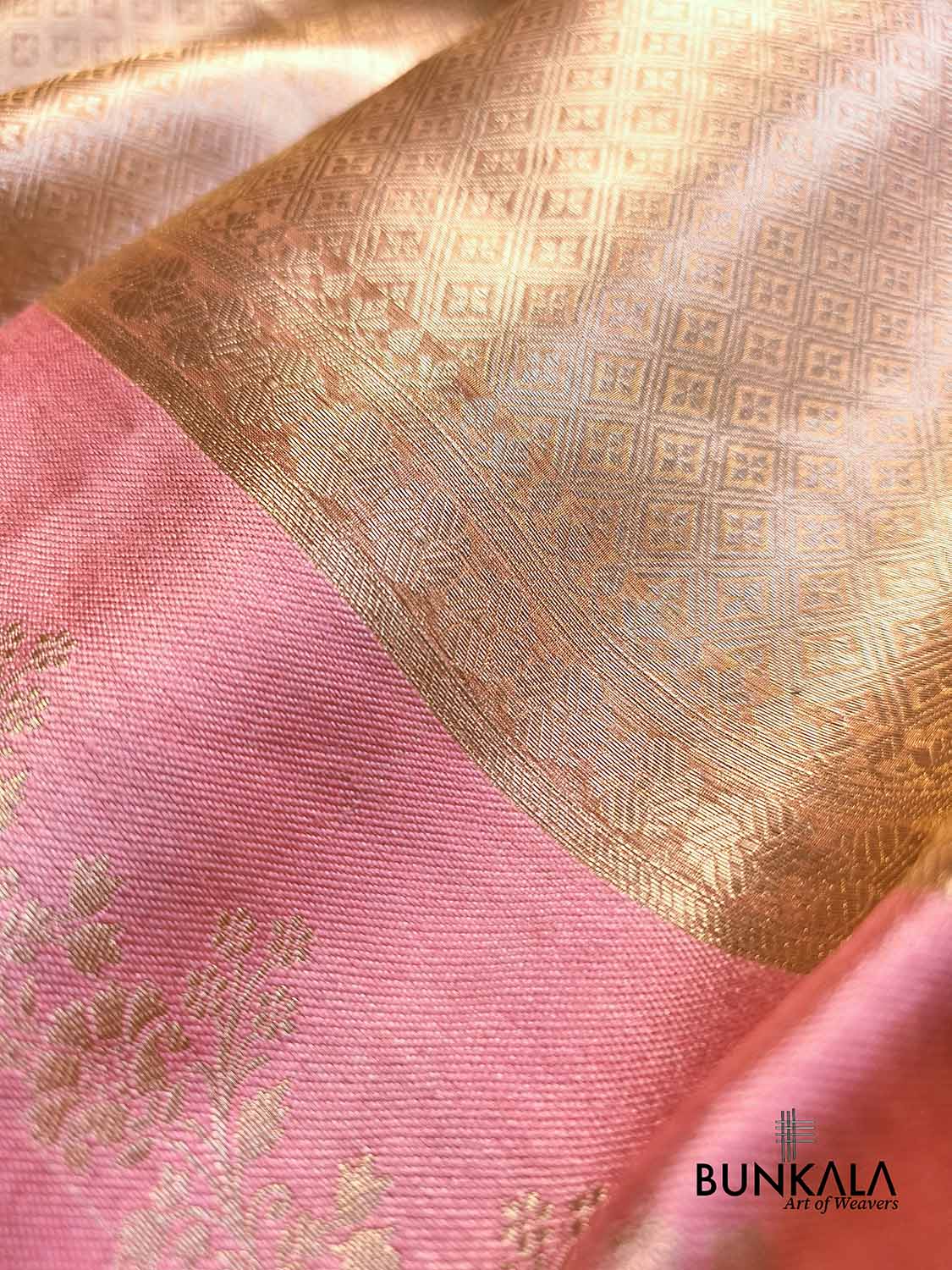 Golden Brocade Handloom Banarasi Pure Tissue Saree with Contrast Bright Baby Pink Katan Silk Floral Border