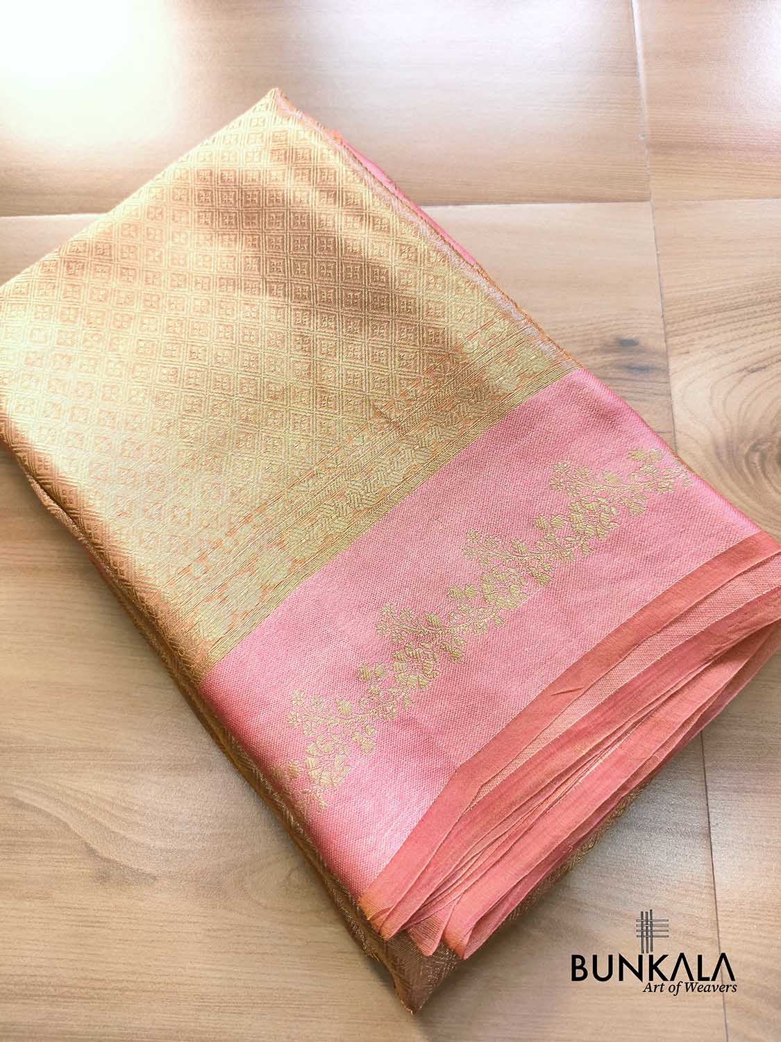 Golden Brocade Handloom Banarasi Pure Tissue Saree with Contrast Bright Baby Pink Katan Silk Floral Border