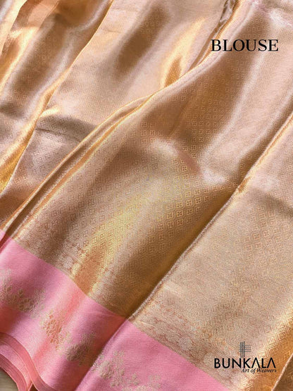 Golden Brocade Handloom Banarasi Pure Tissue Saree with Contrast Bright Baby Pink Katan Silk Floral Border