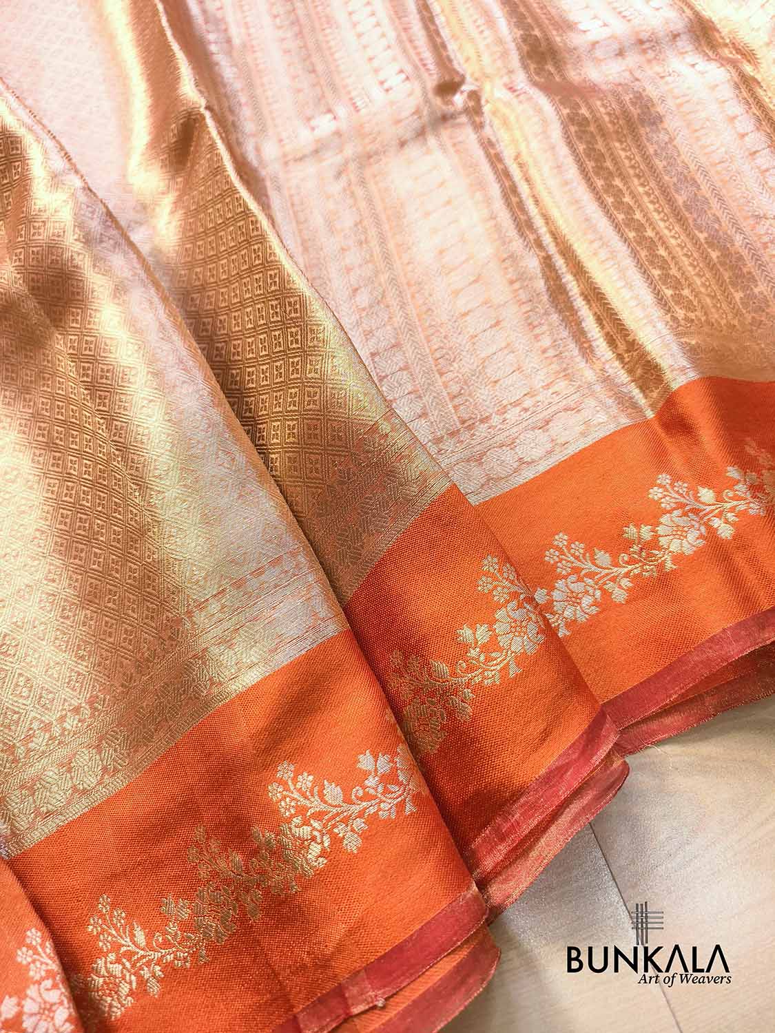 Golden Brocade Handloom Banarasi Pure Tissue Saree with Contrast Bright Orange Katan Silk Floral Border