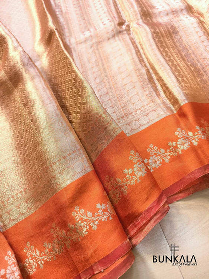 Golden Brocade Handloom Banarasi Pure Tissue Saree with Contrast Bright Orange Katan Silk Floral Border