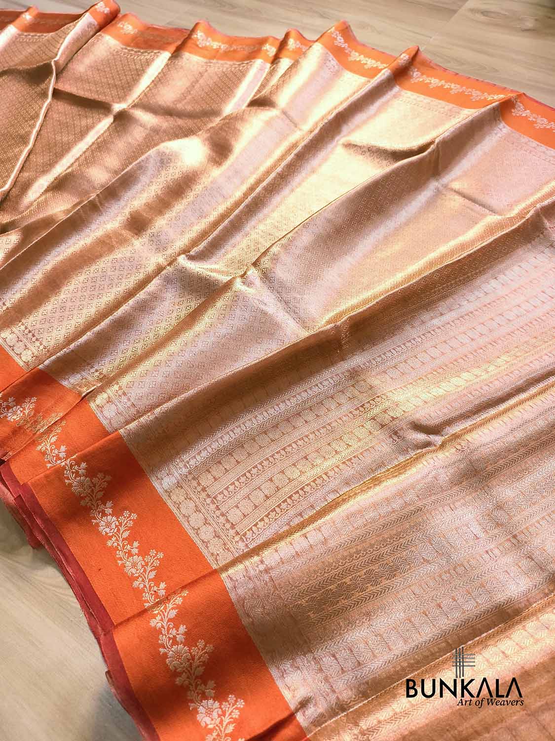Golden Brocade Handloom Banarasi Pure Tissue Saree with Contrast Bright Orange Katan Silk Floral Border