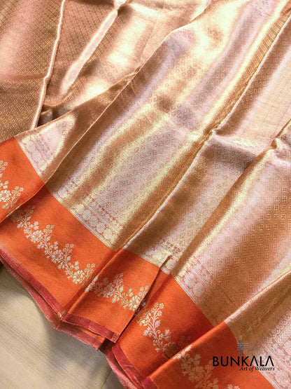Golden Brocade Handloom Banarasi Pure Tissue Saree with Contrast Bright Orange Katan Silk Floral Border