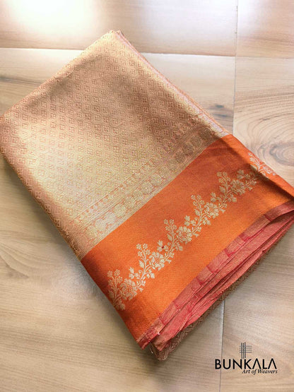 Golden Brocade Handloom Banarasi Pure Tissue Saree with Contrast Bright Orange Katan Silk Floral Border