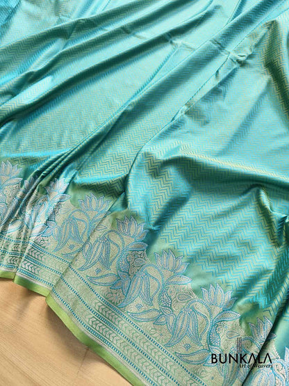 Turquoise Blue Jamewar Chevron Konia Floral Border Weaved Banarasi Mashru Silk Saree