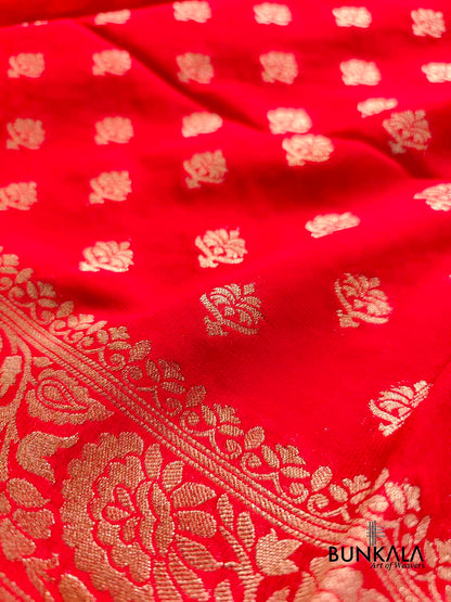 Bright Red Georgette Allover Small Buti Banarasi Saree
