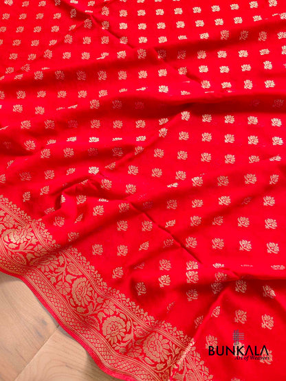 Bright Red Georgette Allover Small Buti Banarasi Saree