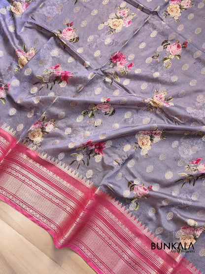 Grey Floral Printed Cotton Saree with Pink Contrast Border