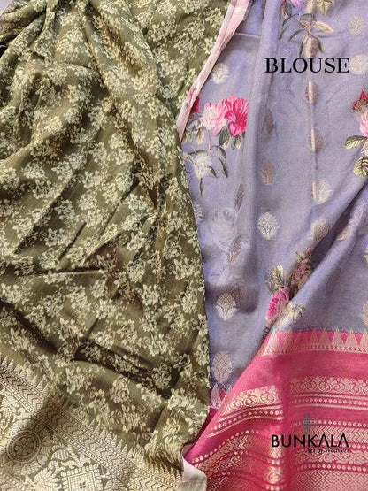 Grey Floral Printed Cotton Saree with Pink Contrast Border