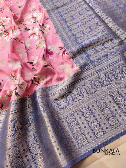 Rose Pink Floral Printed Cotton Saree with Blue Contrast Border