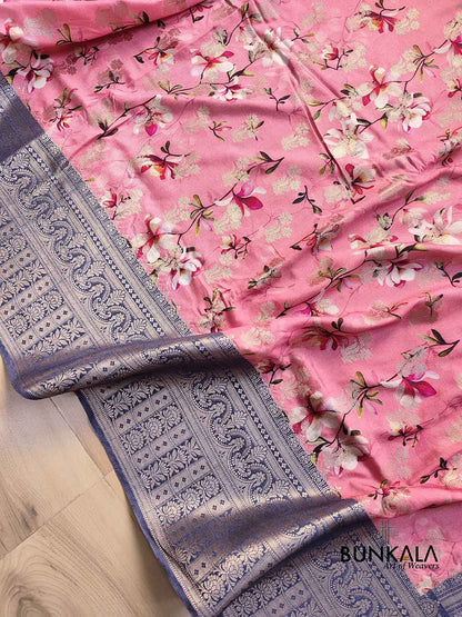 Rose Pink Floral Printed Cotton Saree with Blue Contrast Border