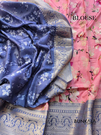 Rose Pink Floral Printed Cotton Saree with Blue Contrast Border