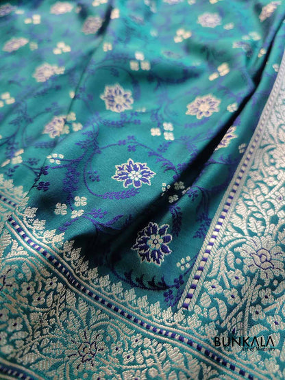 Sea Green Two Tone Jamewar Weaved Soft Mashru Silk Floral Jaal Design Banarasi Saree
