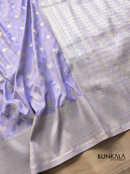 Lavender Jamewar Weaved Soft Mashru Silk Leaf Design Banarasi Saree