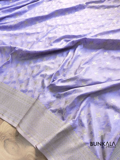Lavender Jamewar Weaved Soft Mashru Silk Leaf Design Banarasi Saree