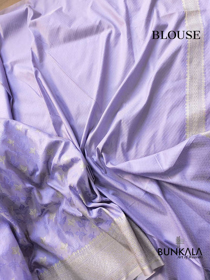 Lavender Jamewar Weaved Soft Mashru Silk Leaf Design Banarasi Saree