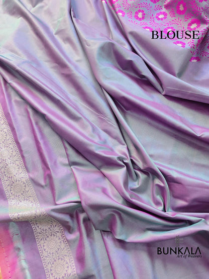 Pink and Green Two Tone Jamewar Weaved Soft Mashru Silk Floral Jaal Design Banarasi Saree