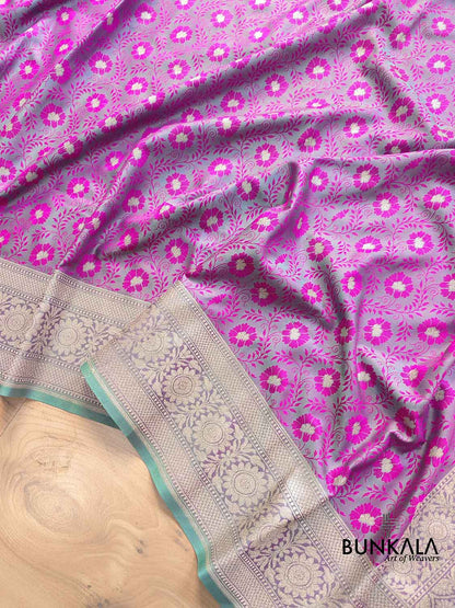 Pink and Green Two Tone Jamewar Weaved Soft Mashru Silk Floral Jaal Design Banarasi Saree