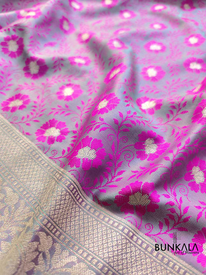 Pink and Green Two Tone Jamewar Weaved Soft Mashru Silk Floral Jaal Design Banarasi Saree
