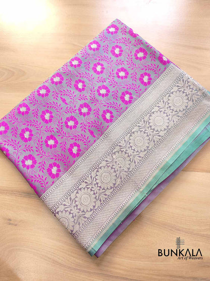 Pink and Green Two Tone Jamewar Weaved Soft Mashru Silk Floral Jaal Design Banarasi Saree