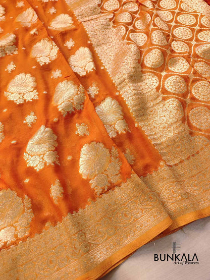 Burnt Orange Georgette Sona Zari Jaal Design Banarasi Saree