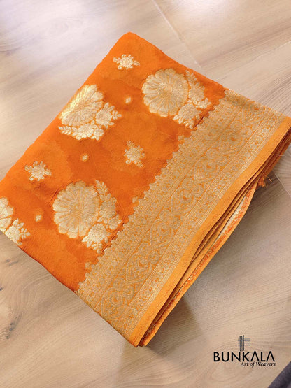 Burnt Orange Georgette Sona Zari Jaal Design Banarasi Saree