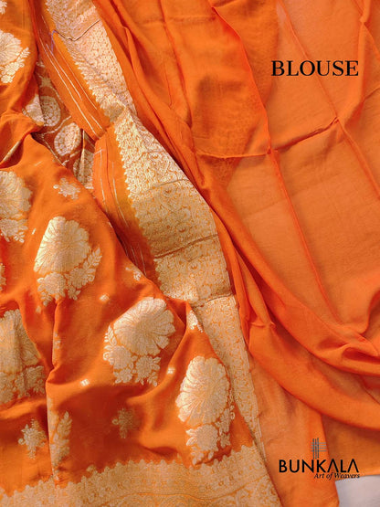 Burnt Orange Georgette Sona Zari Jaal Design Banarasi Saree