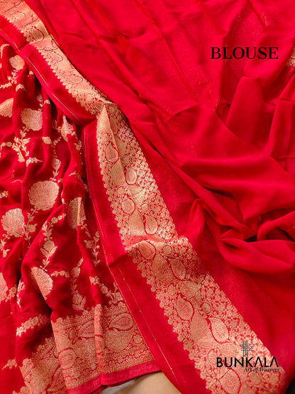 Bridal Red Georgette Sona Zari Jaal Design Banarasi Saree