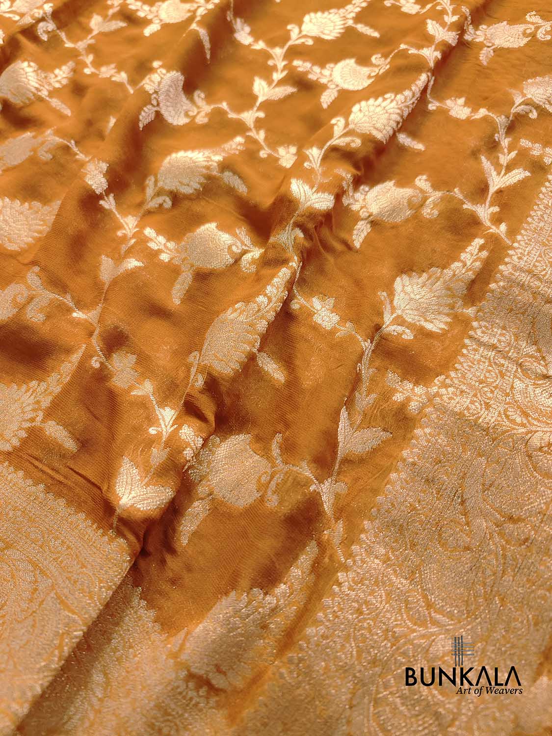 Mustard Cheeku Georgette Sona Zari Jaal Design Banarasi Saree