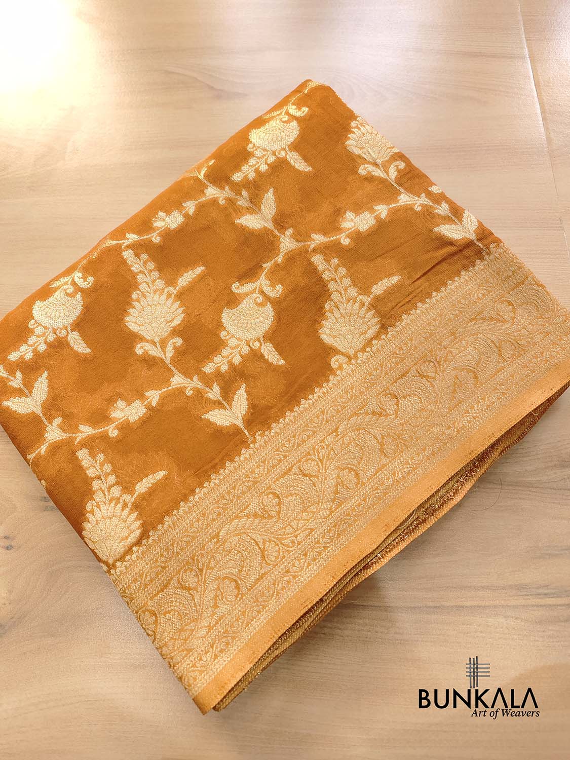 Mustard Cheeku Georgette Sona Zari Jaal Design Banarasi Saree