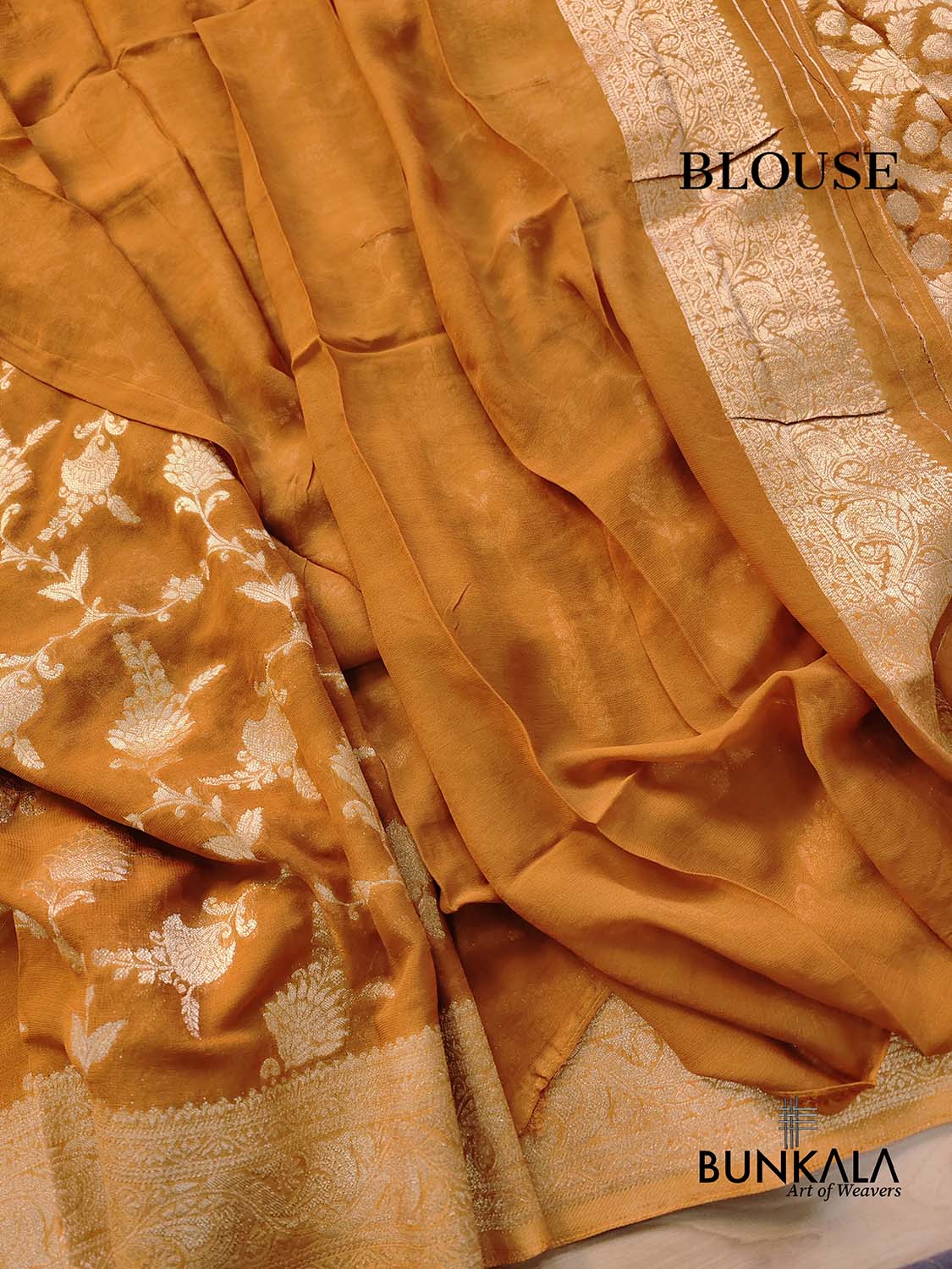 Mustard Cheeku Georgette Sona Zari Jaal Design Banarasi Saree