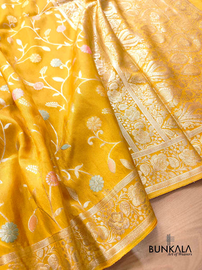Bright Yellow Meenakari Floral Jaal Banarasi Soft Tissue Silk Saree