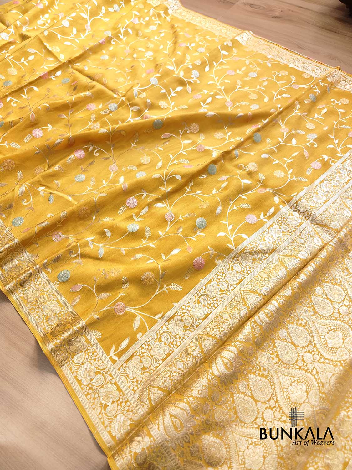 Bright Yellow Meenakari Floral Jaal Banarasi Soft Tissue Silk Saree