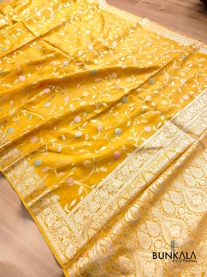 Bright Yellow Meenakari Floral Jaal Banarasi Soft Tissue Silk Saree