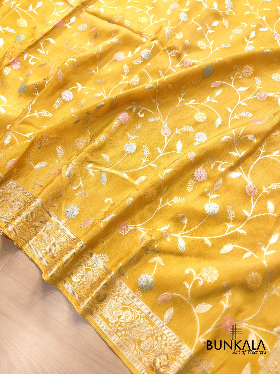 Bright Yellow Meenakari Floral Jaal Banarasi Soft Tissue Silk Saree
