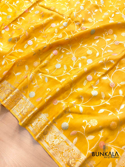 Bright Yellow Meenakari Floral Jaal Banarasi Soft Tissue Silk Saree
