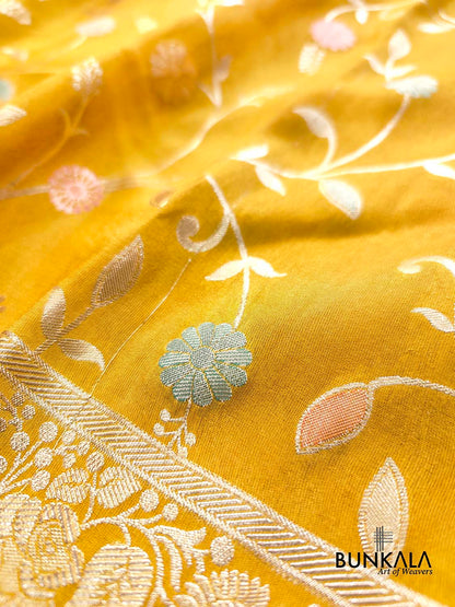 Bright Yellow Meenakari Floral Jaal Banarasi Soft Tissue Silk Saree