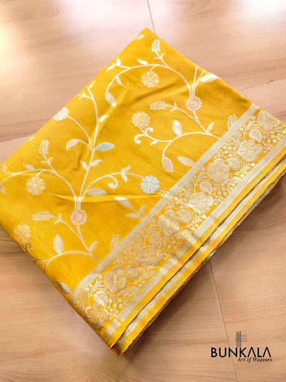 Bright Yellow Meenakari Floral Jaal Banarasi Soft Tissue Silk Saree