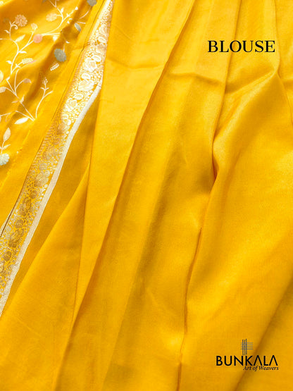 Bright Yellow Meenakari Floral Jaal Banarasi Soft Tissue Silk Saree