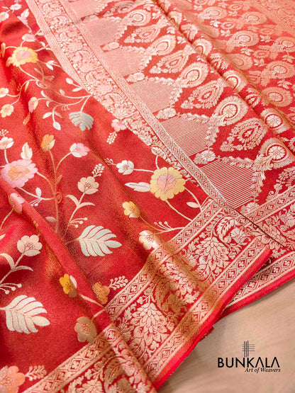 Red Meenakari Floral Jaal Banarasi Soft Tissue Silk Saree