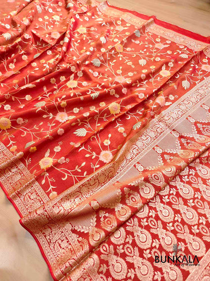 Red Meenakari Floral Jaal Banarasi Soft Tissue Silk Saree