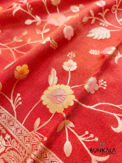 Red Meenakari Floral Jaal Banarasi Soft Tissue Silk Saree