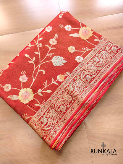 Red Meenakari Floral Jaal Banarasi Soft Tissue Silk Saree