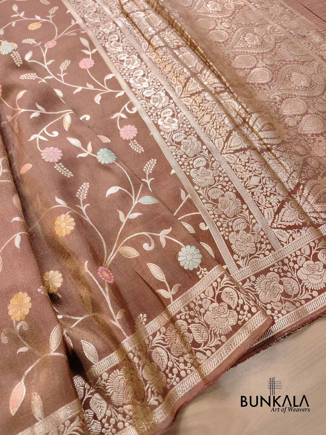 Chiku Brown Meenakari Floral Jaal Banarasi Soft Tissue Silk Saree