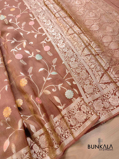 Chiku Brown Meenakari Floral Jaal Banarasi Soft Tissue Silk Saree